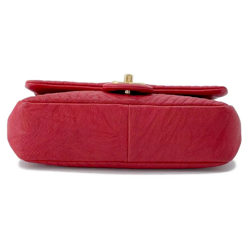CHANEL Chevron Double Chain Shoulder Bag Red A92087 Leather