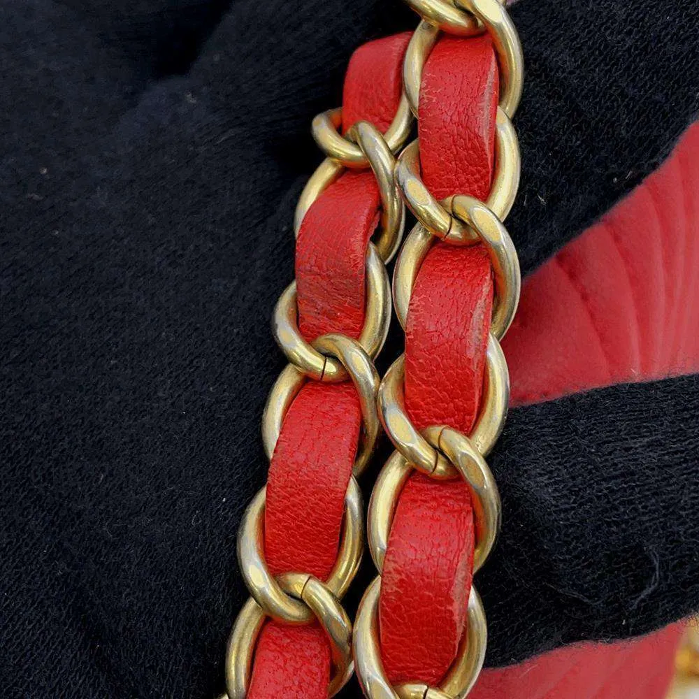 CHANEL Chevron Double Chain Shoulder Bag Red A92087 Leather