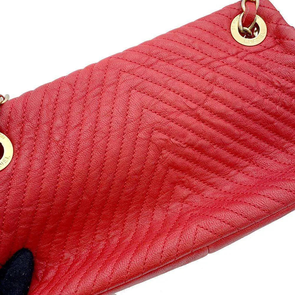 CHANEL Chevron Double Chain Shoulder Bag Red A92087 Leather