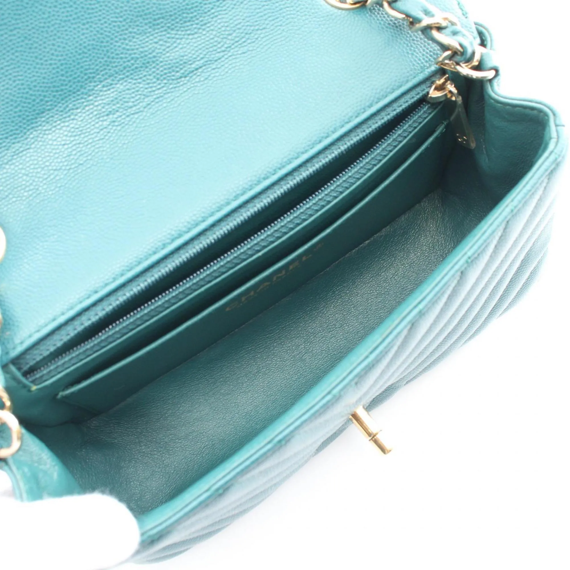 CHANEL Chevron V-stitch shoulder bag, caviar skin, women's, green