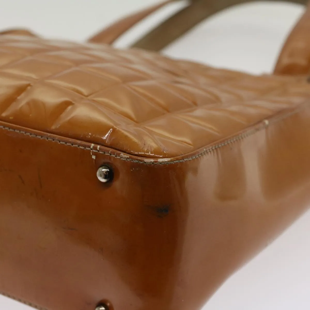 CHANEL Choco Bar Shoulder Bag Patent leather Yellow CC Auth 53382