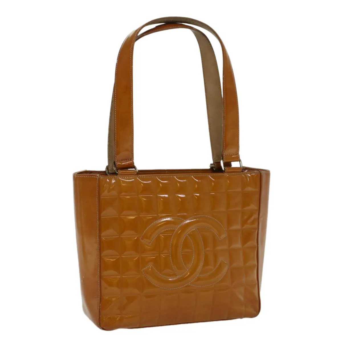 CHANEL Choco Bar Shoulder Bag Patent leather Yellow CC Auth 53382