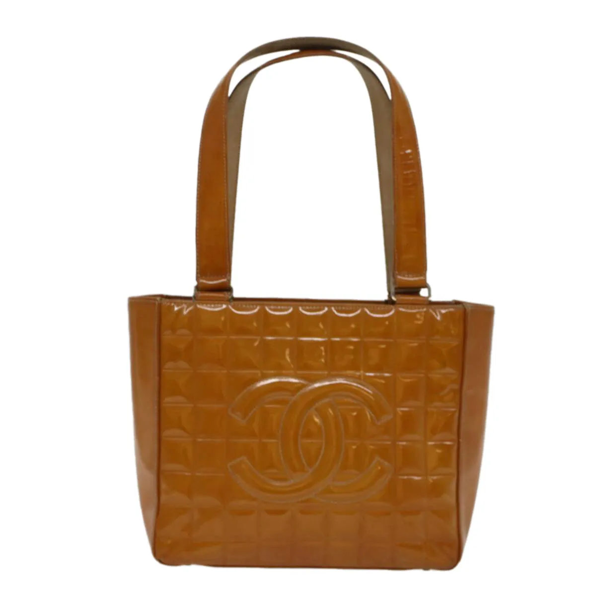 CHANEL Choco Bar Shoulder Bag Patent leather Yellow CC Auth 53382