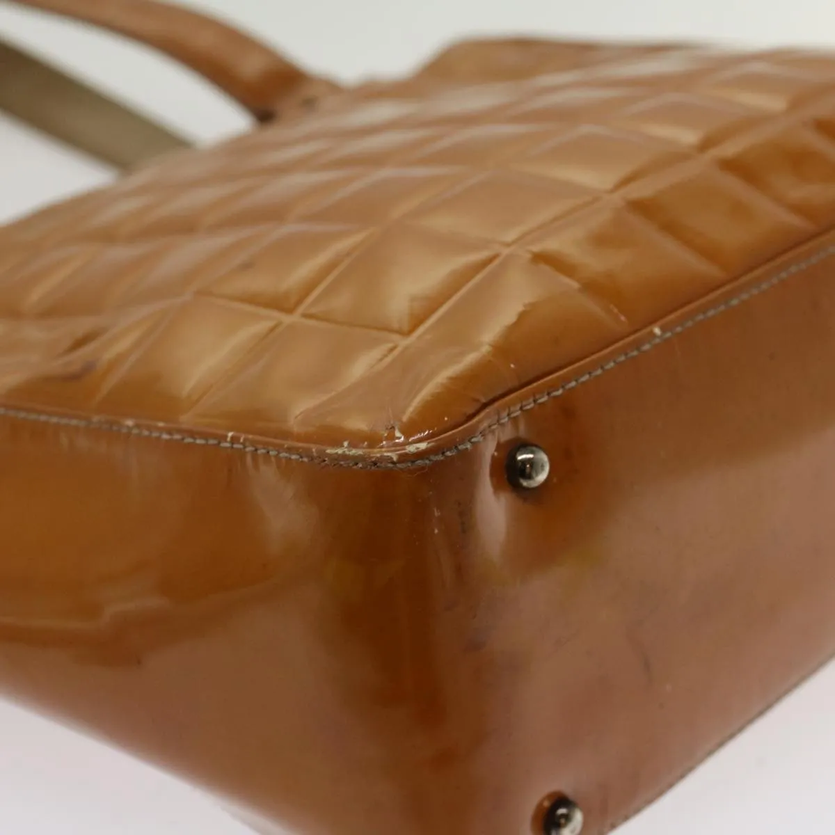 CHANEL Choco Bar Shoulder Bag Patent leather Yellow CC Auth 53382