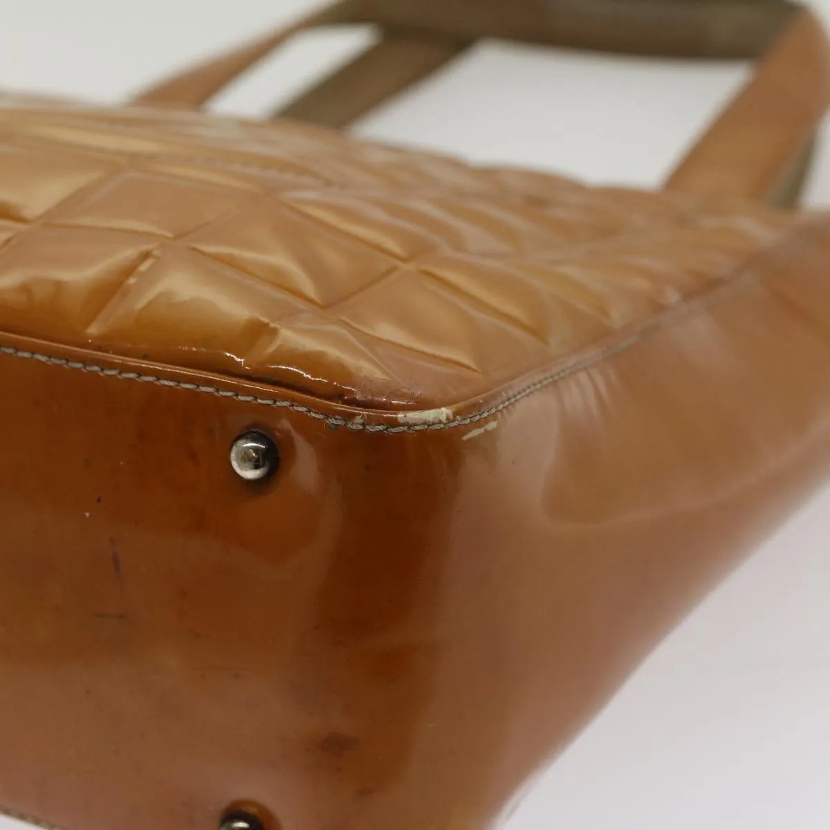 CHANEL Choco Bar Shoulder Bag Patent leather Yellow CC Auth 53382