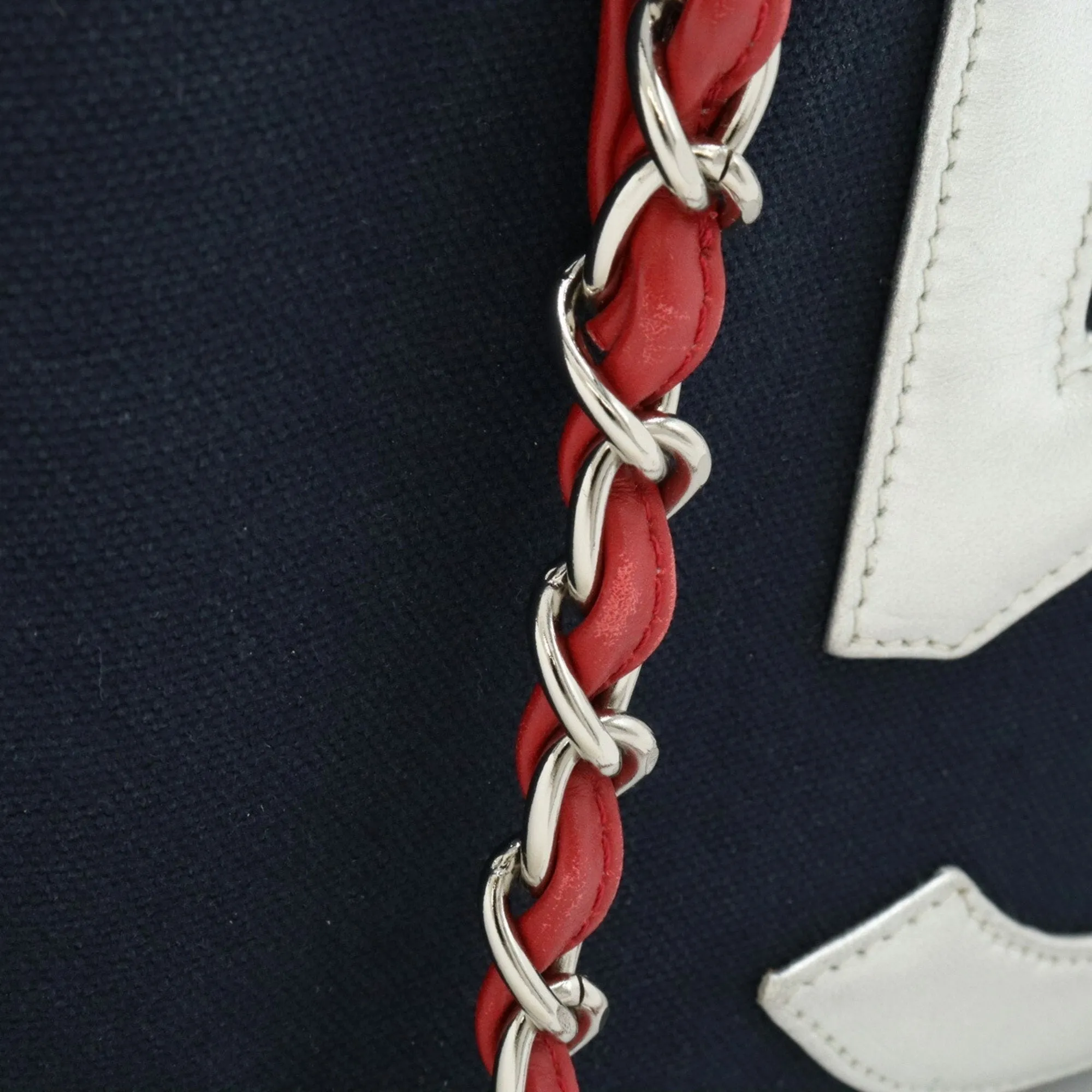 CHANEL Coco Mark No.5 Tote Bag Shoulder Chain Canvas Leather Navy Red Silver A18644