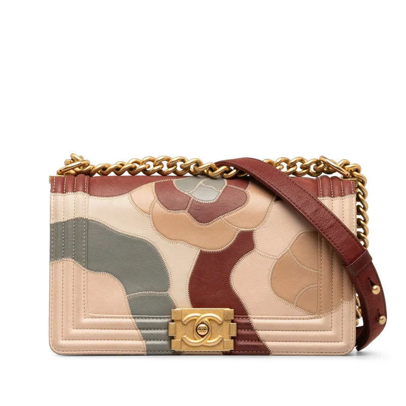 Chanel Medium Camellia Patchwork Le Boy Flap Bag Leather Shoulder Bag in Good condition