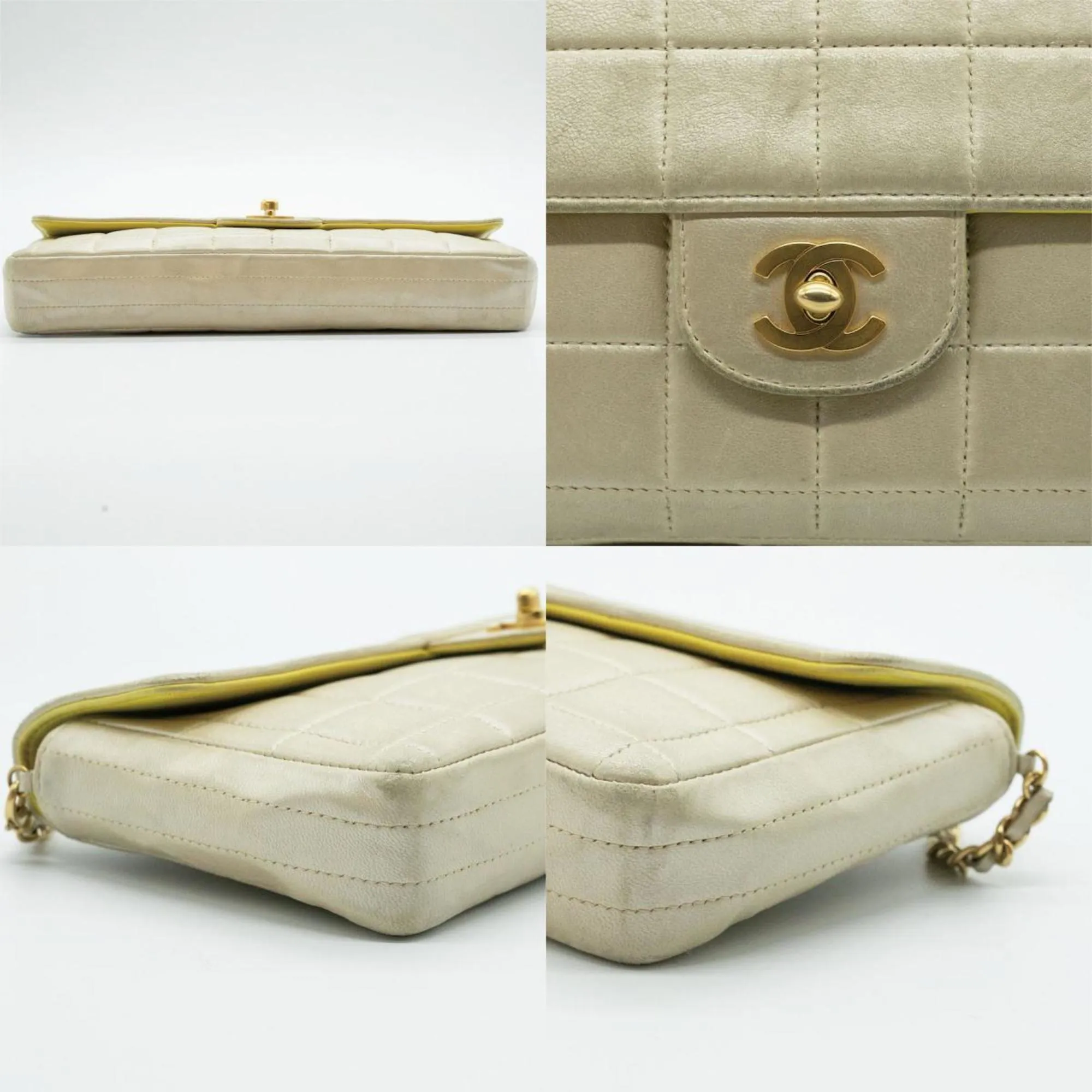 CHANEL Shoulder Bag Chocolate Bar Leather Champagne Gold Women's PD59