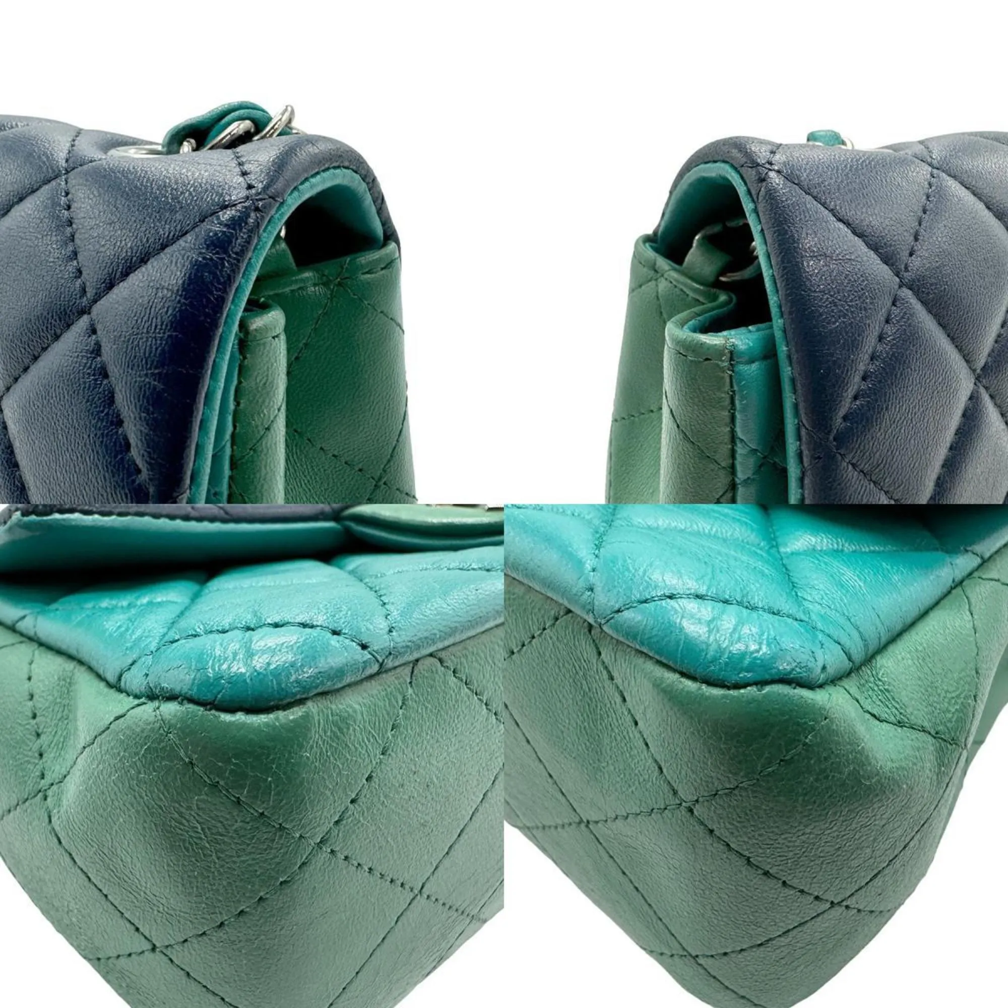 CHANEL Shoulder Bag Lambskin Green x Navy Silver Women's z1732