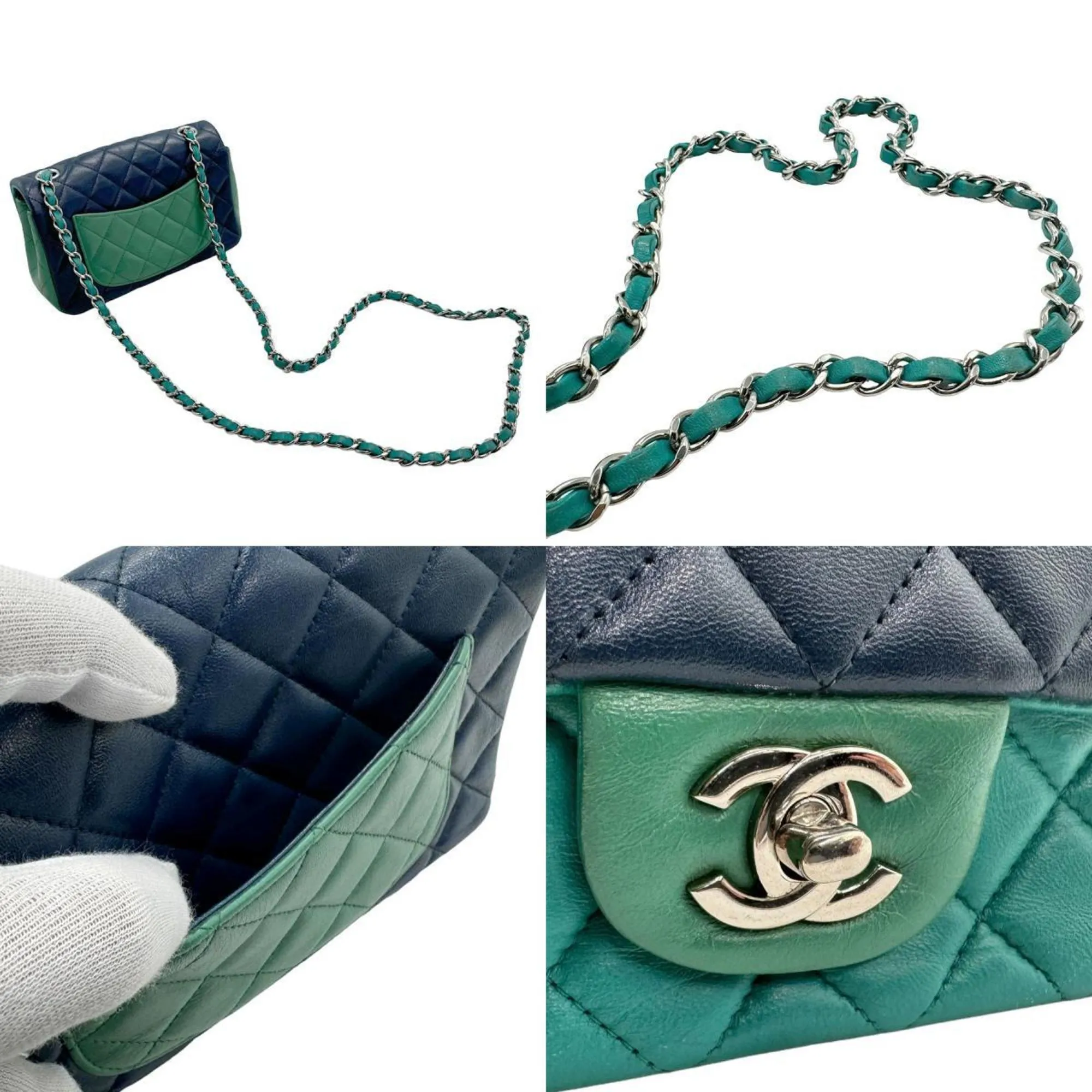 CHANEL Shoulder Bag Lambskin Green x Navy Silver Women's z1732