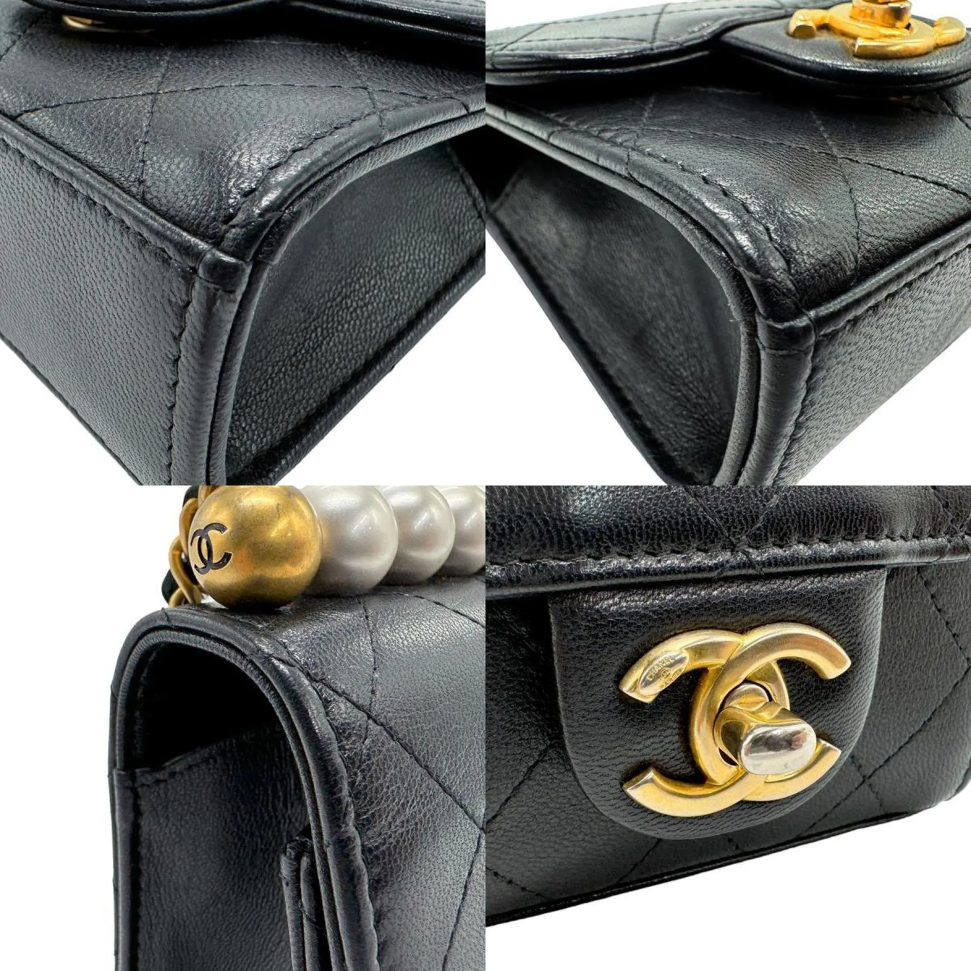 CHANEL Shoulder Bag Leather Faux Pearl Black Women's n0046
