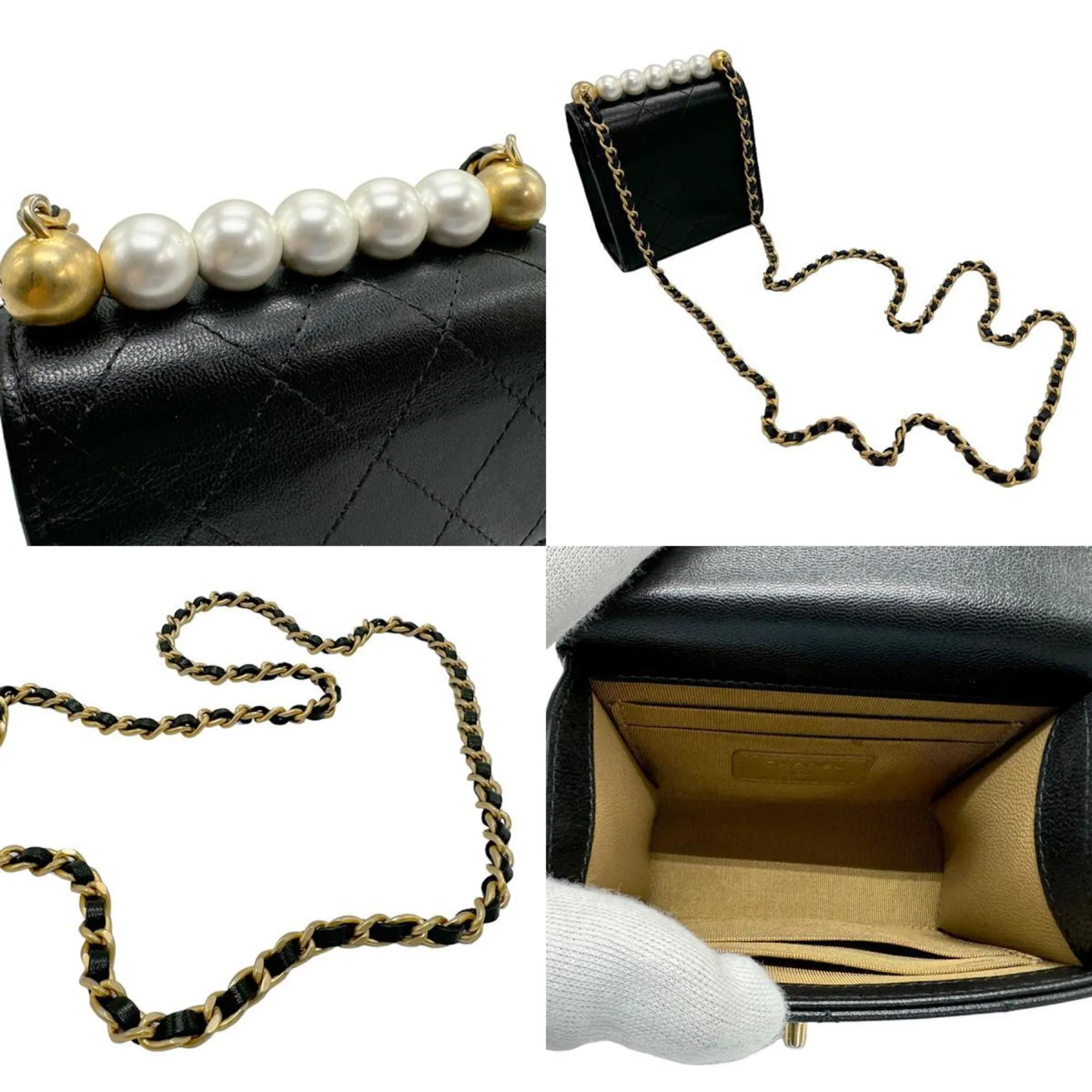 CHANEL Shoulder Bag Leather Faux Pearl Black Women's n0046