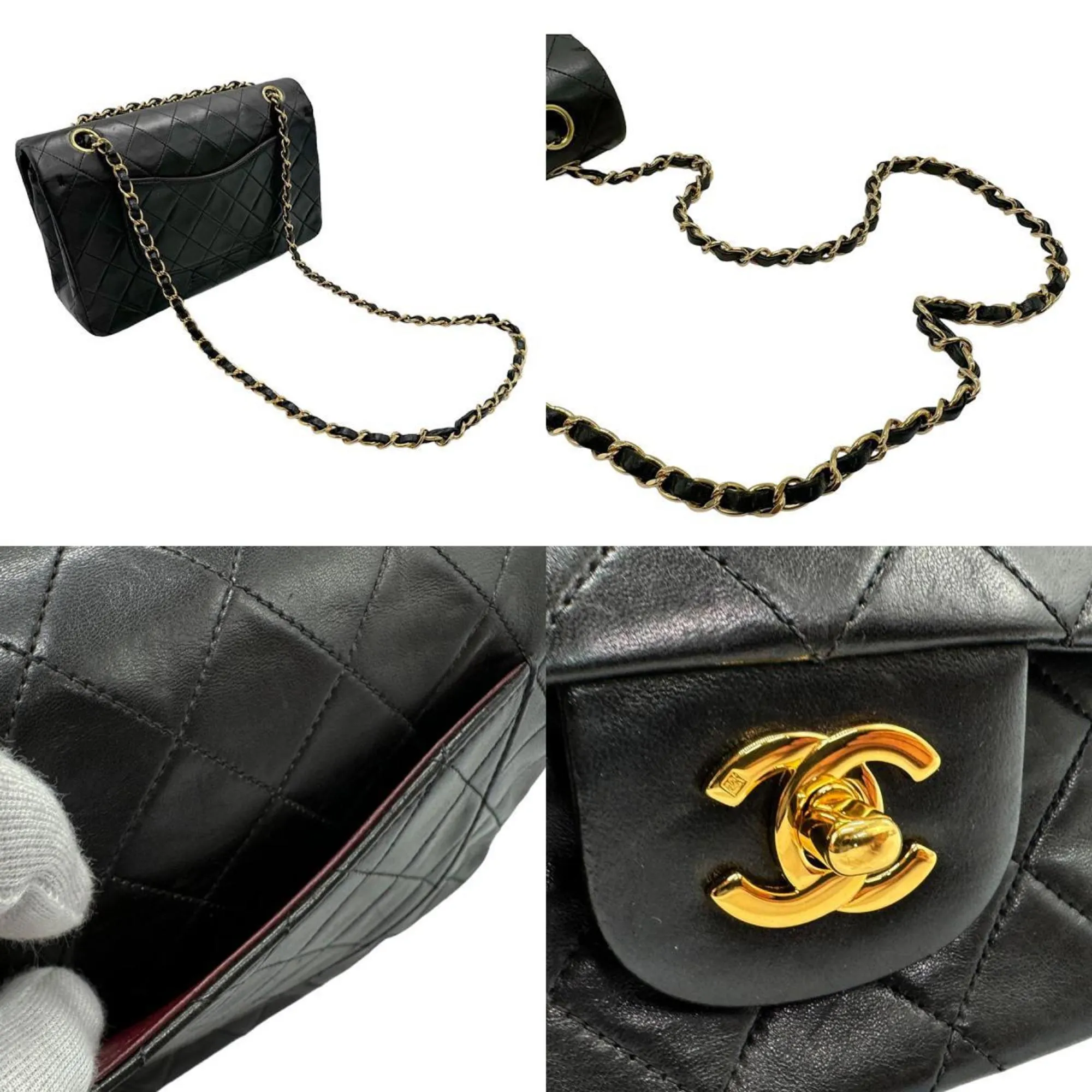 CHANEL Shoulder Bag Matelasse Double Flap Leather Metal Black Gold Women's n0121
