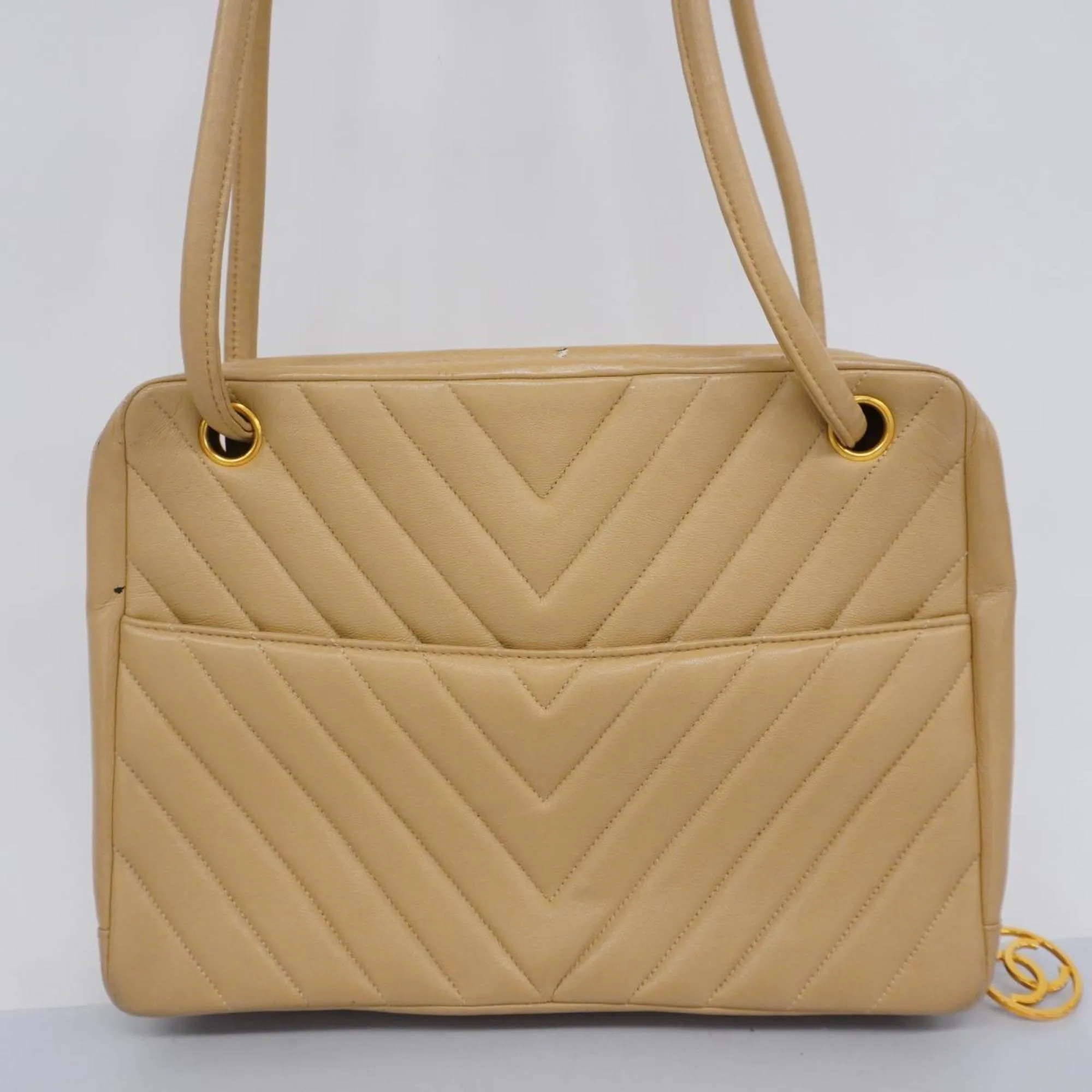 Chanel Shoulder Bag V Stitch Lambskin Beige Women's