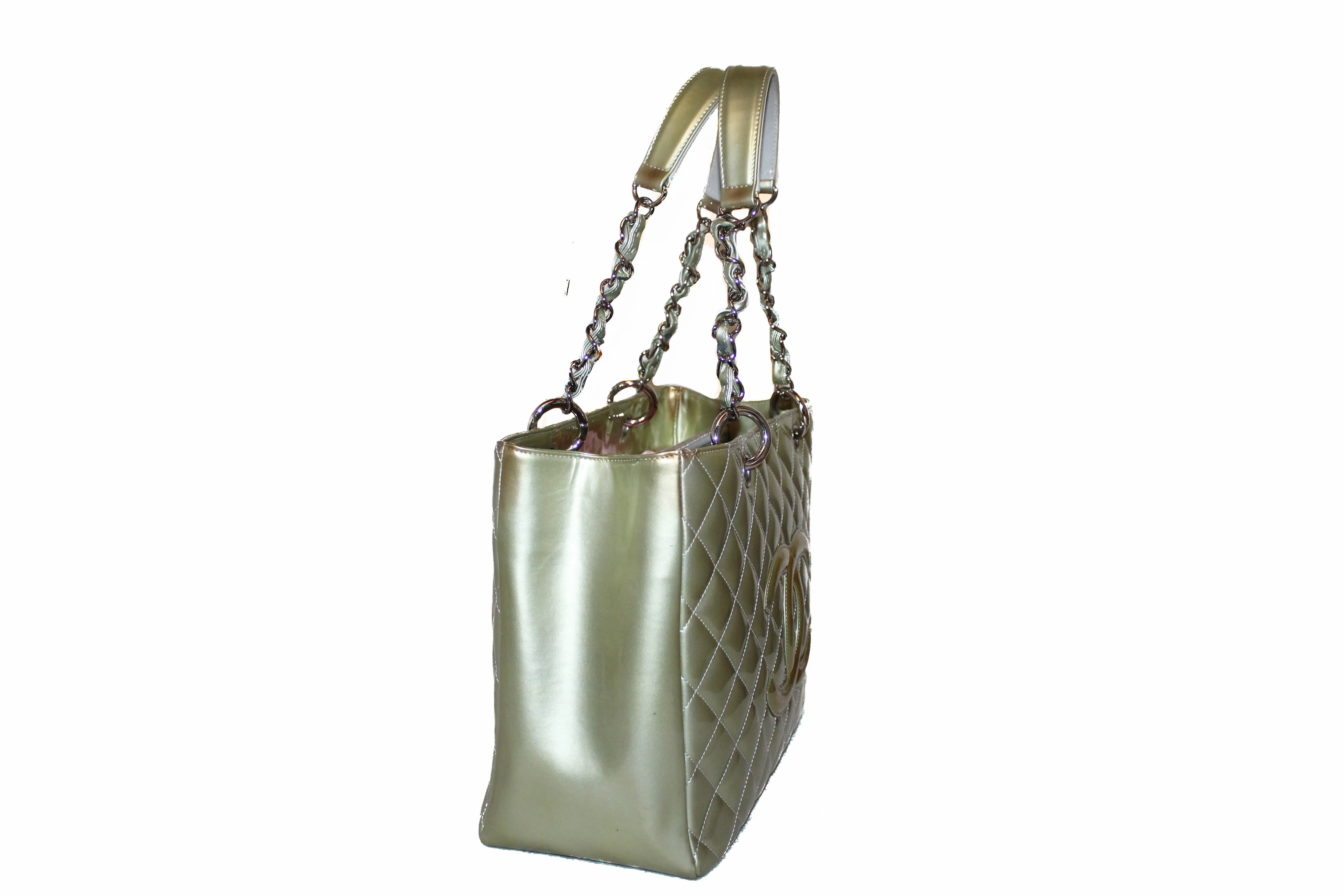 Chanel Silver Patent Quilted Leather Large Grand Shopping Tote Shoulder Bag