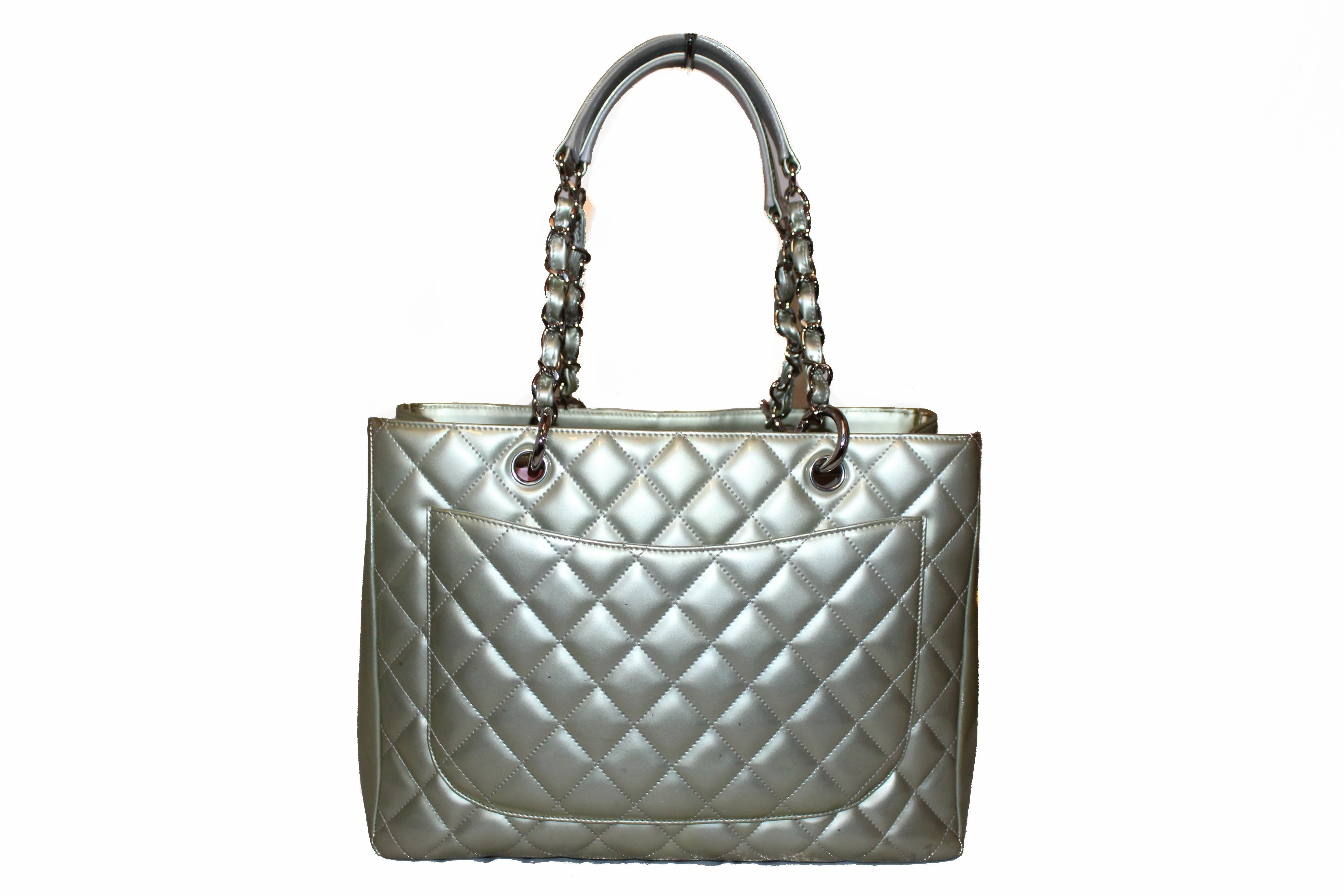 Chanel Silver Patent Quilted Leather Large Grand Shopping Tote Shoulder Bag