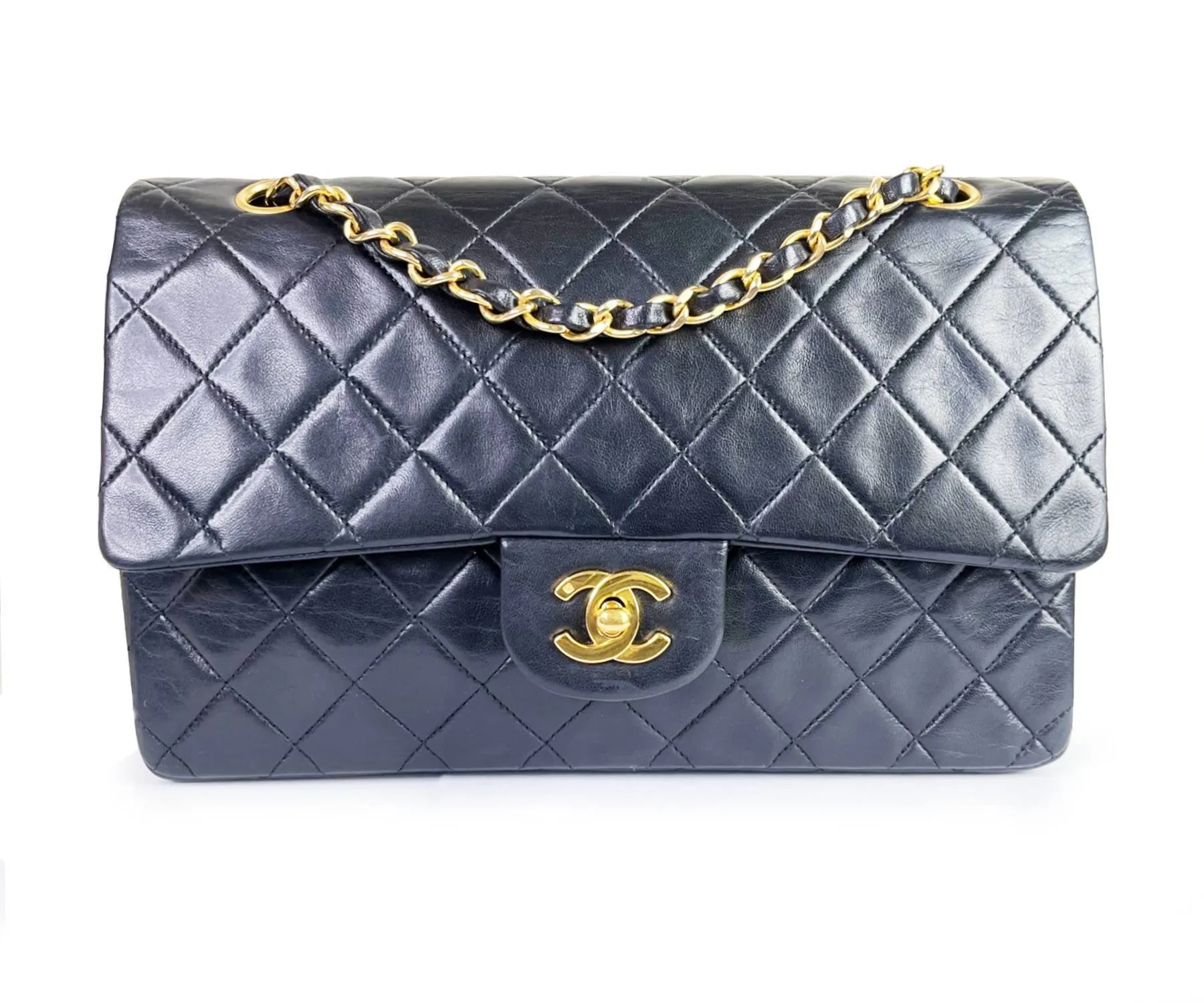 CHANEL Vintage Classic Timeless Double Flap Lambskin 10" Shoulder Bag .