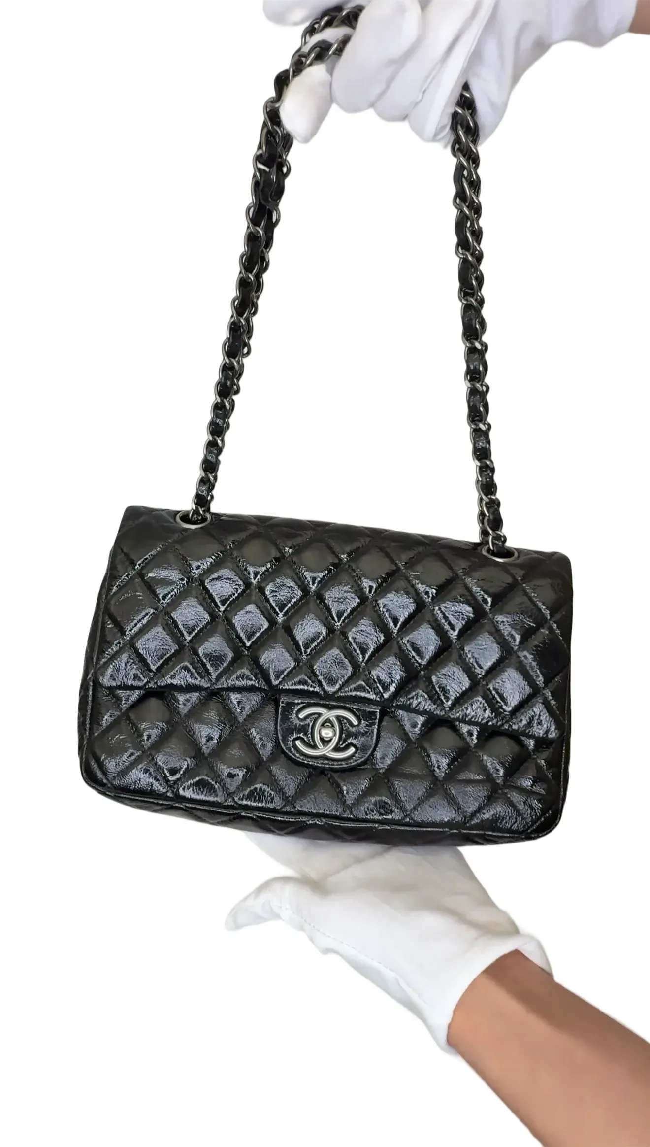 Chanel Vintage Patent Jumbo Classic Single Flap Shoulder Bag - Black Shoulder Bags B24-15 B24-15