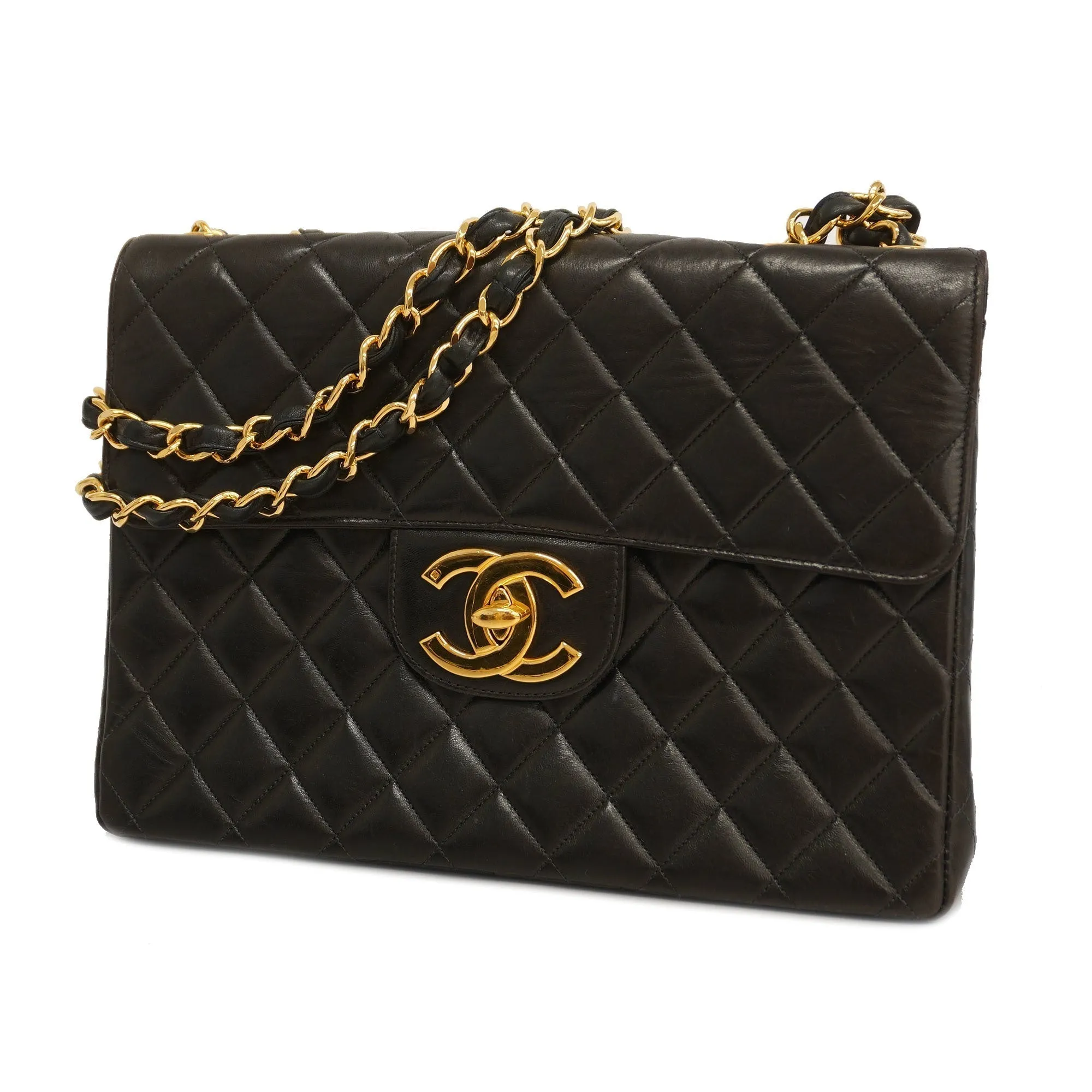 ChanelAuth  Big Matelasse W Chain Women's Leather Shoulder Bag Black