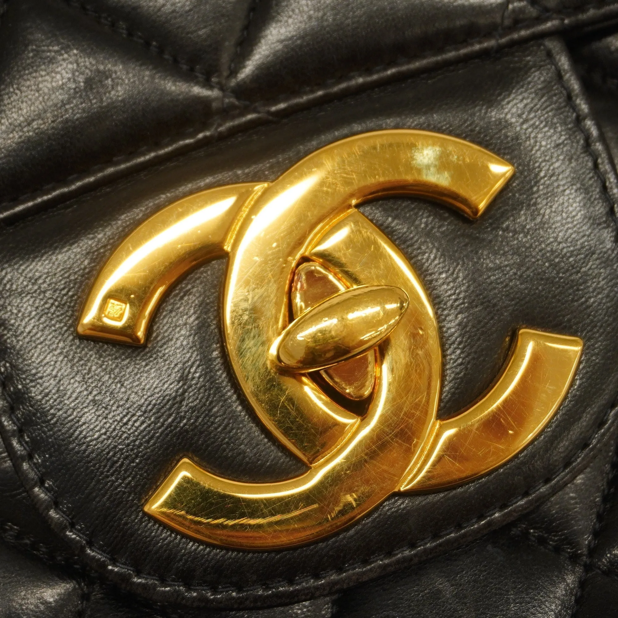 ChanelAuth  Big Matelasse W Chain Women's Leather Shoulder Bag Black