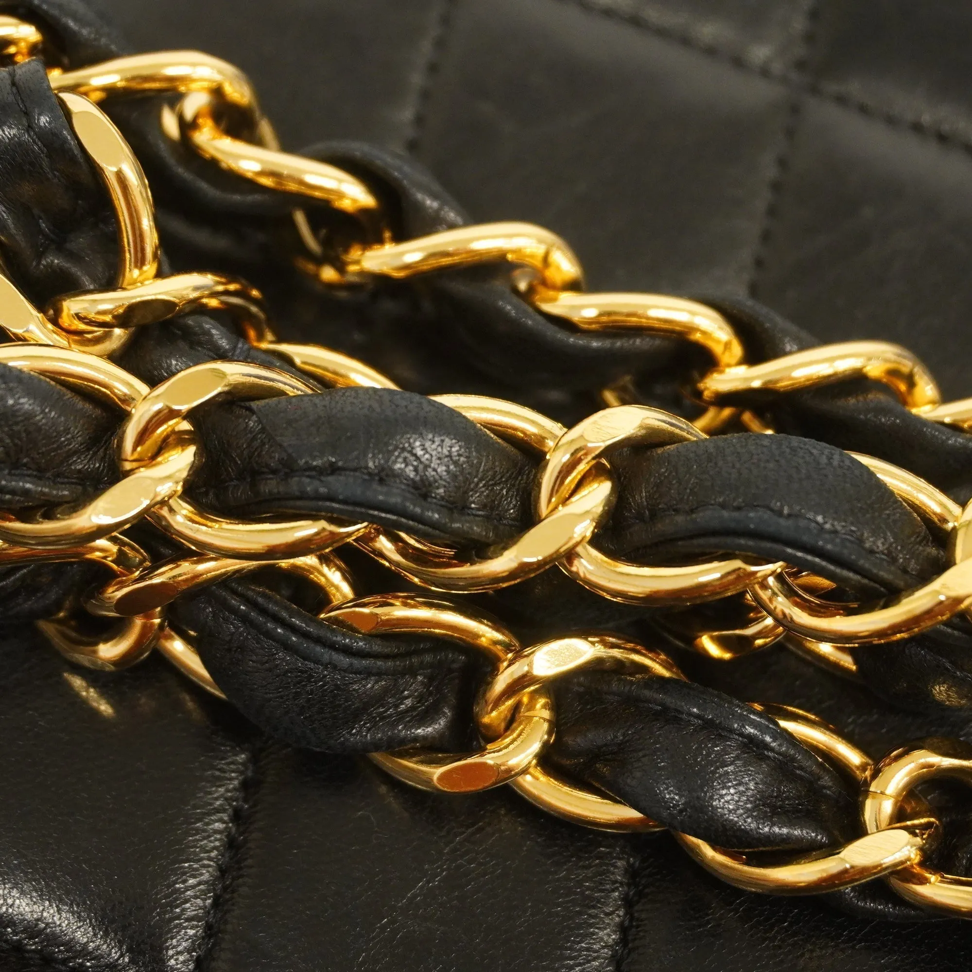 ChanelAuth  Big Matelasse W Chain Women's Leather Shoulder Bag Black