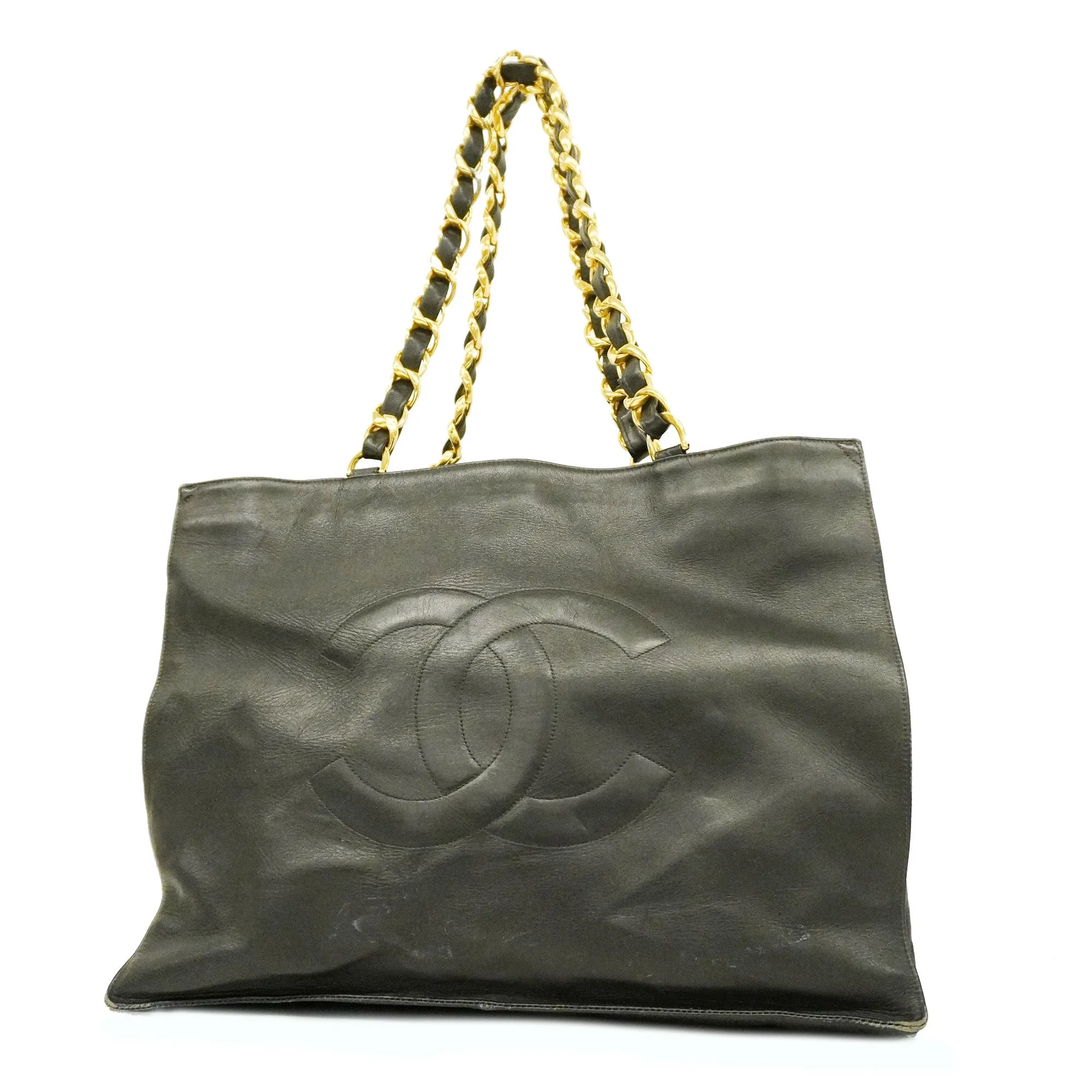 ChanelAuth  Chain Shoulder Women's Leather Tote Bag Black
