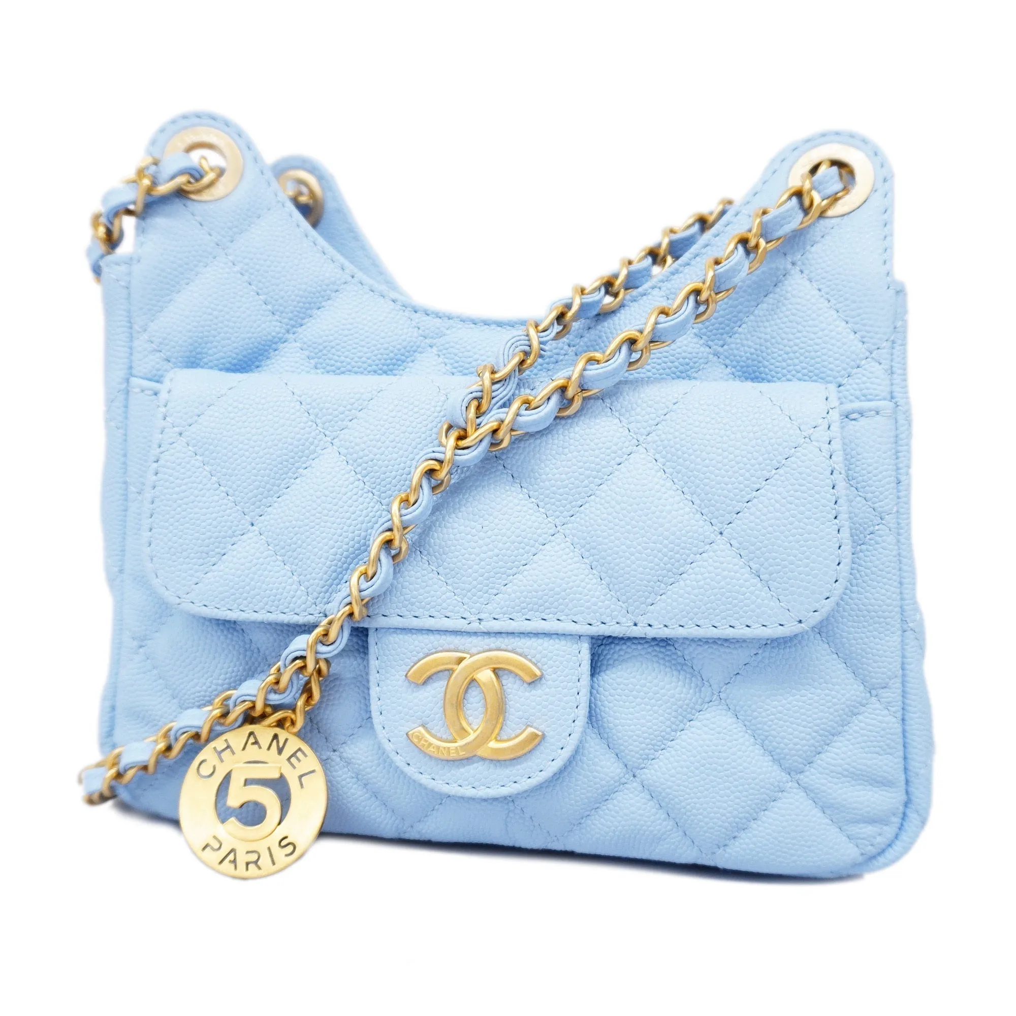 ChanelAuth  Matelasse Chain Shoulder Women's Caviar Leather Light Blue