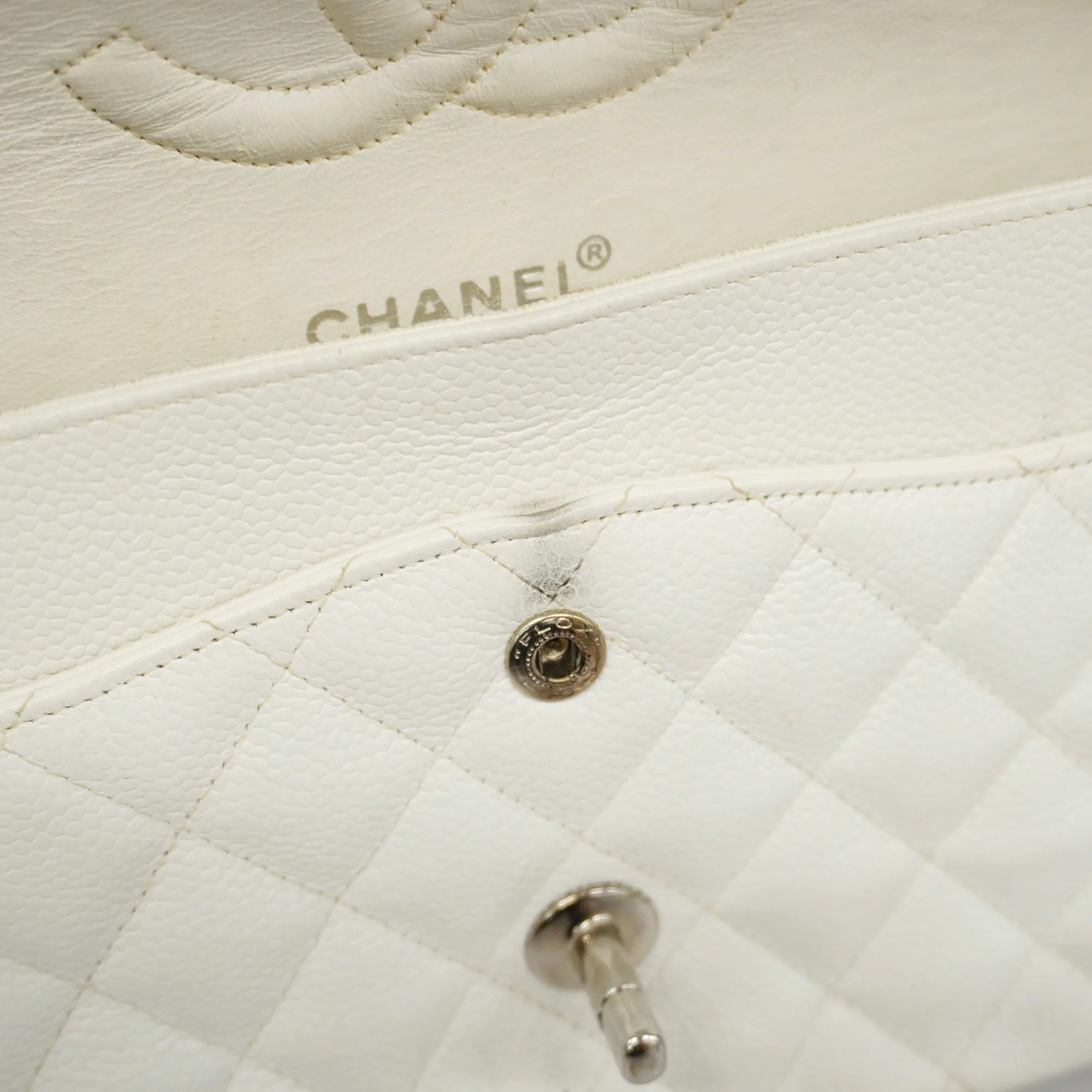 ChanelAuth  Matelasse W Flap W Chain Women's Caviar Leather Shoulder Bag White