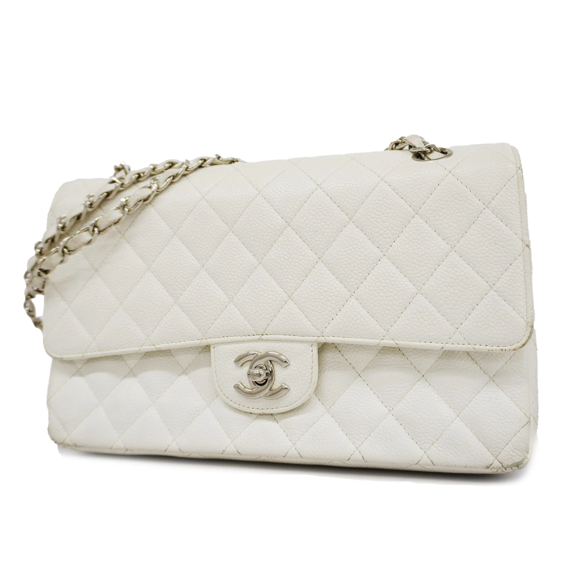 ChanelAuth  Matelasse W Flap W Chain Women's Caviar Leather Shoulder Bag White