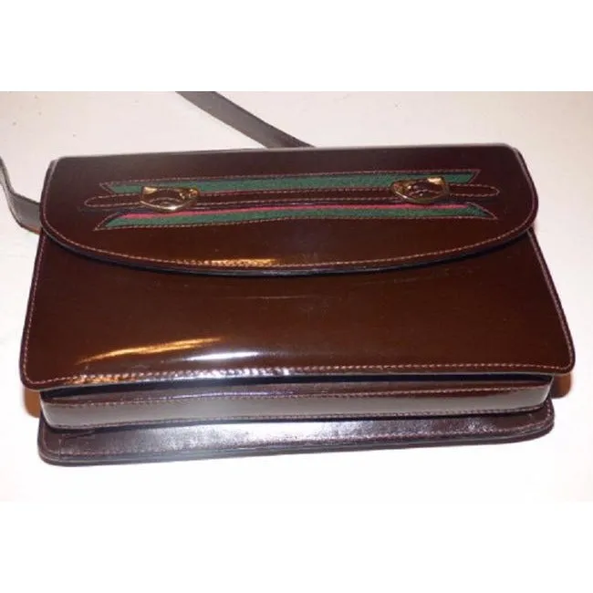 Gucci Horsebit Envelope Top Sherry Stripe Two Way Brown Patent Leather Shoulder Bag