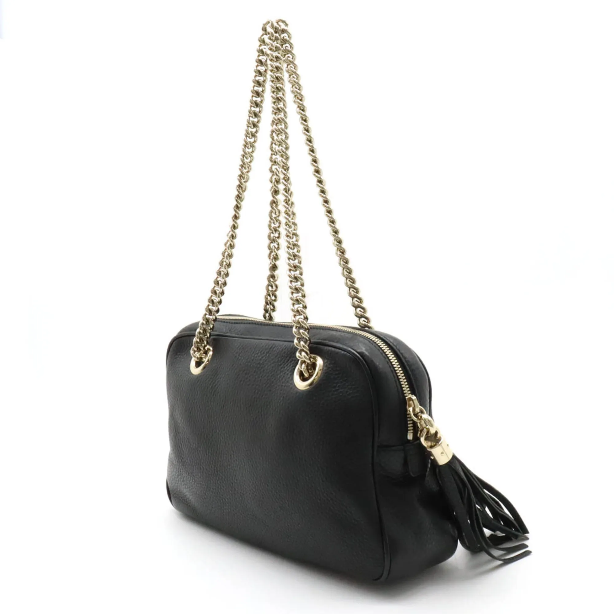 GUCCI Soho Interlocking G Chain Shoulder Bag Tassel Leather Black 308983