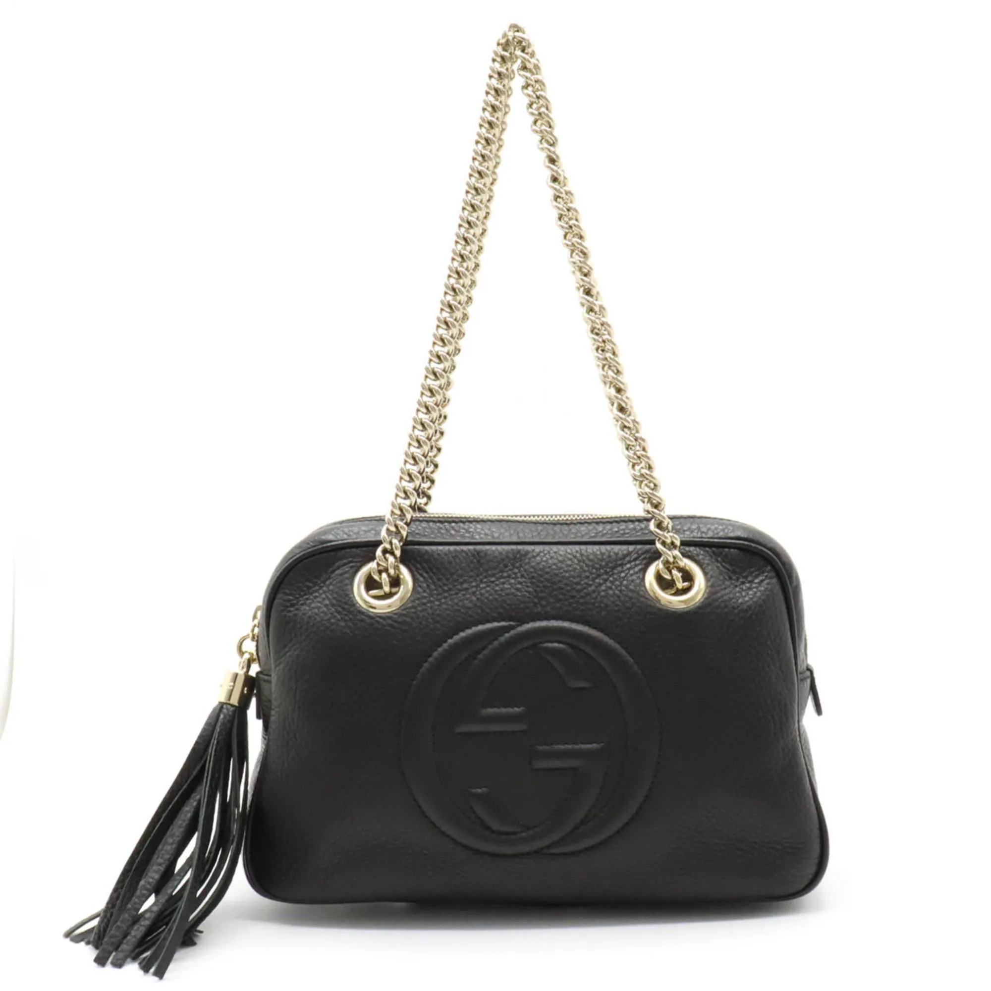 GUCCI Soho Interlocking G Chain Shoulder Bag Tassel Leather Black 308983