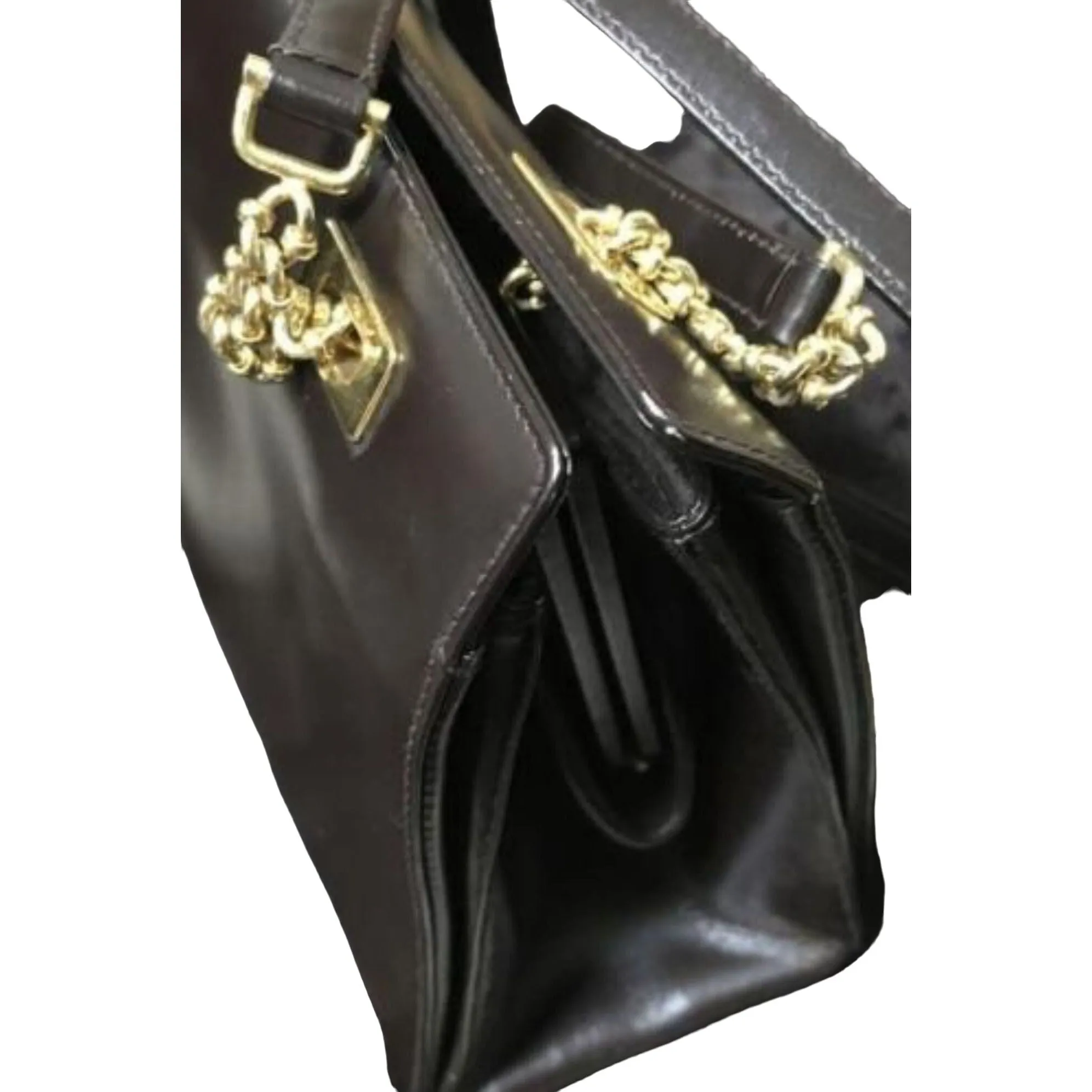 Gucci, unique, brown leather, large satchel style  shoulder bag with a snap hinged top, two longer gold chain & leather shoulder straps