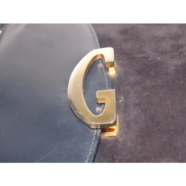 Gucci Vintage Navy Leather And Grey Suede Shoulder Bag