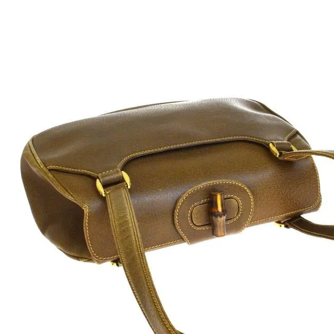 Gucci W Top Handle Purse Accent Brown Leatherbamboo And Shoulder Bag