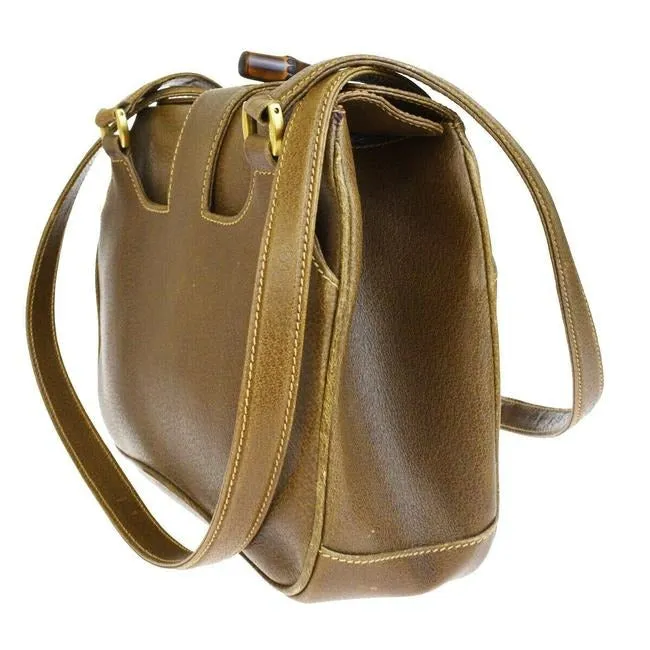 Gucci W Top Handle Purse Accent Brown Leatherbamboo And Shoulder Bag