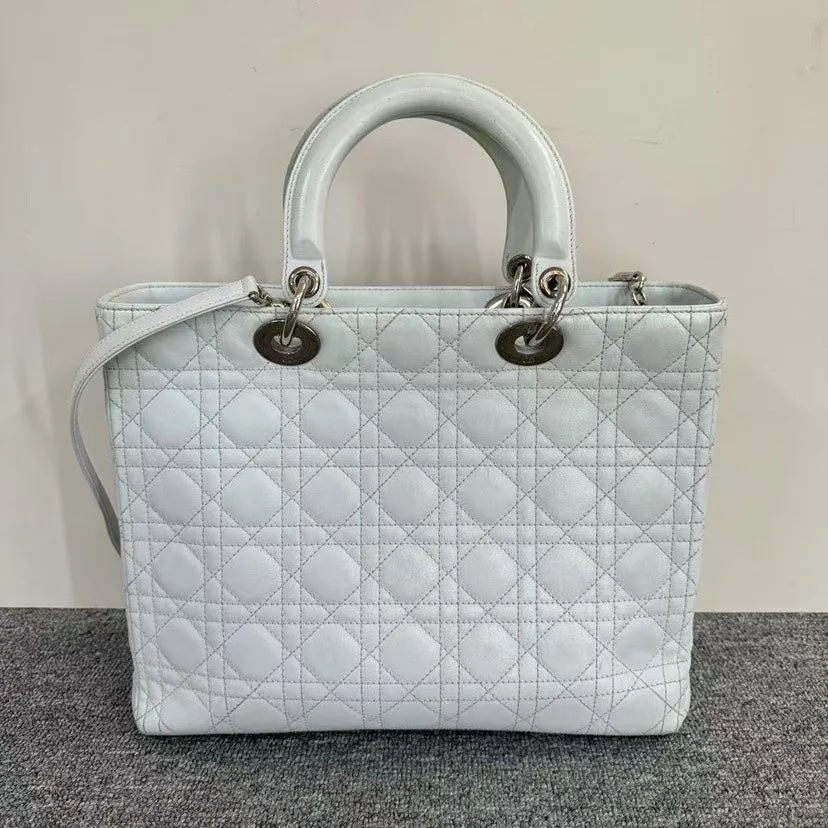 Preloved Dior Lady Large Bag SJZ2-5 White Leather Shoulder Bag