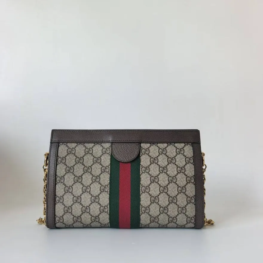 Preloved Gucci GG Marmont Beige Canvas Shoulder Bag with Gold Chain Strap