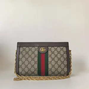 Preloved Gucci GG Marmont Beige Canvas Shoulder Bag with Gold Chain Strap