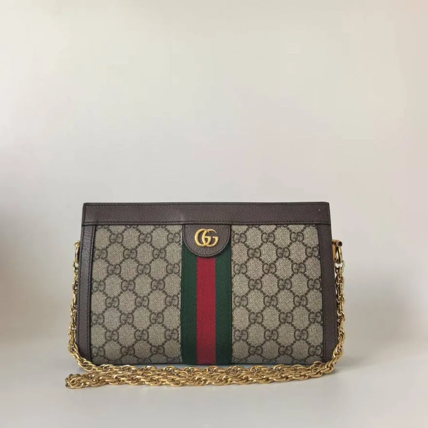 Preloved Gucci GG Marmont Beige Canvas Shoulder Bag with Gold Chain Strap