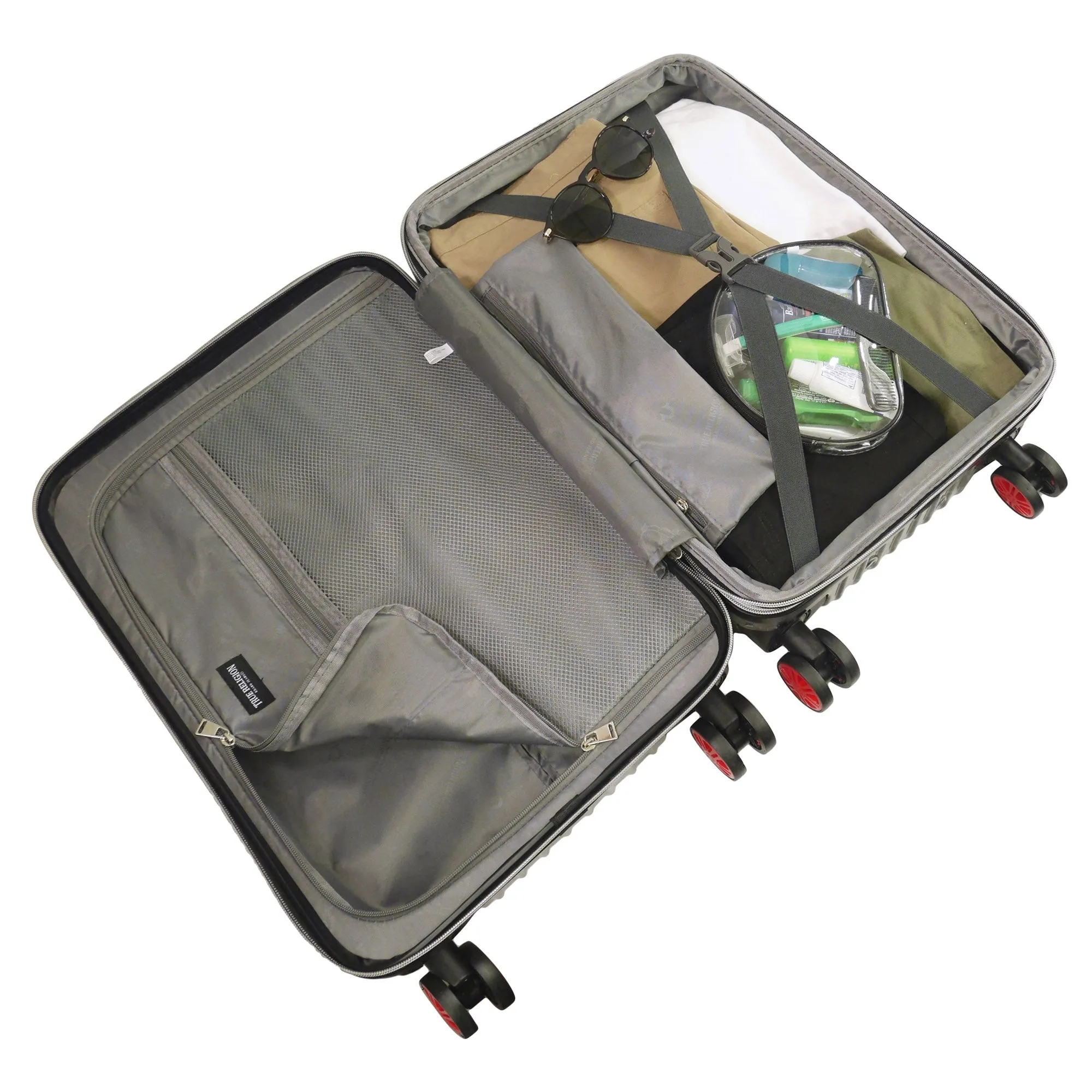 True Religion 22.5" Hardcase Checkered carry-on with big logo.