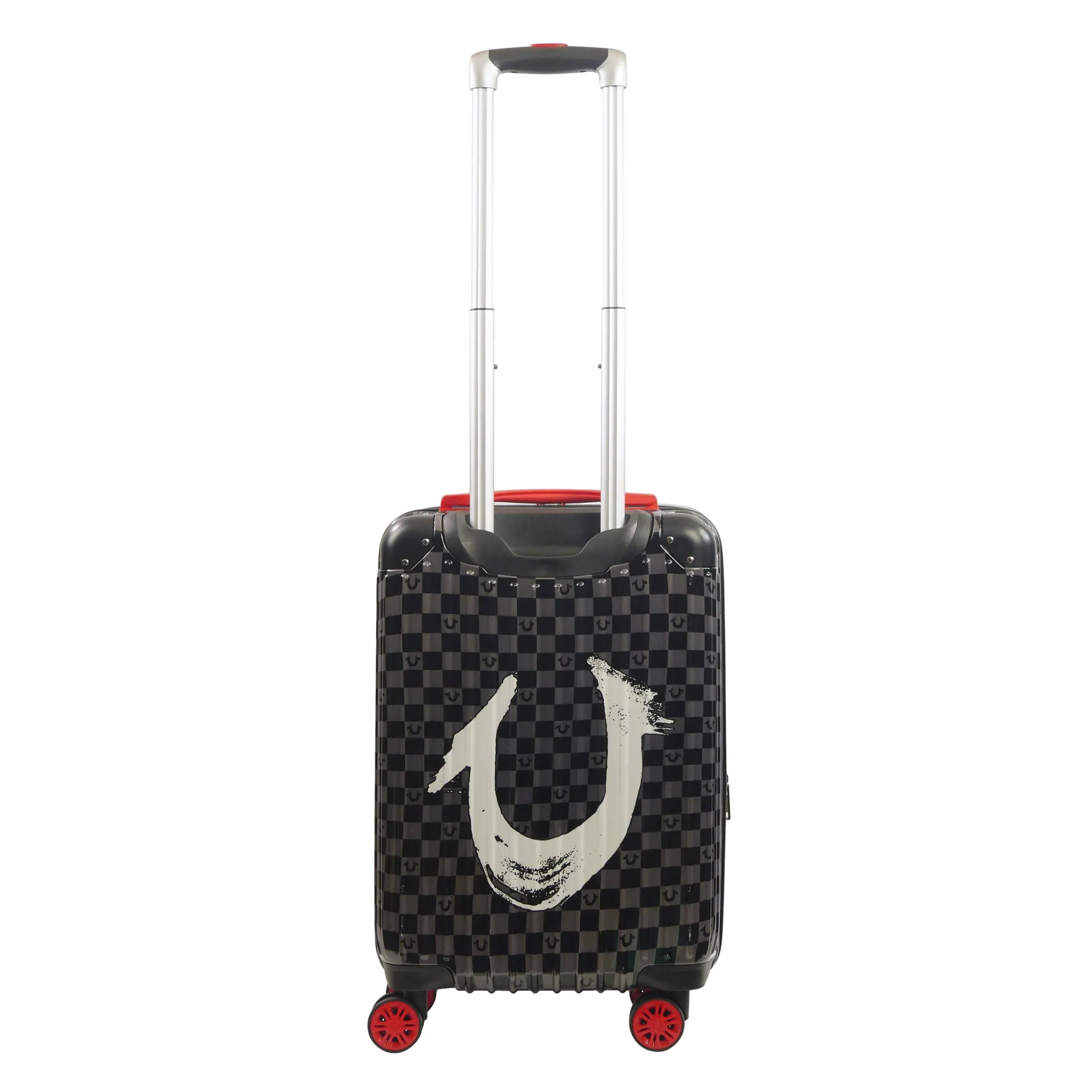 True Religion 22.5" Hardcase Checkered carry-on with big logo.
