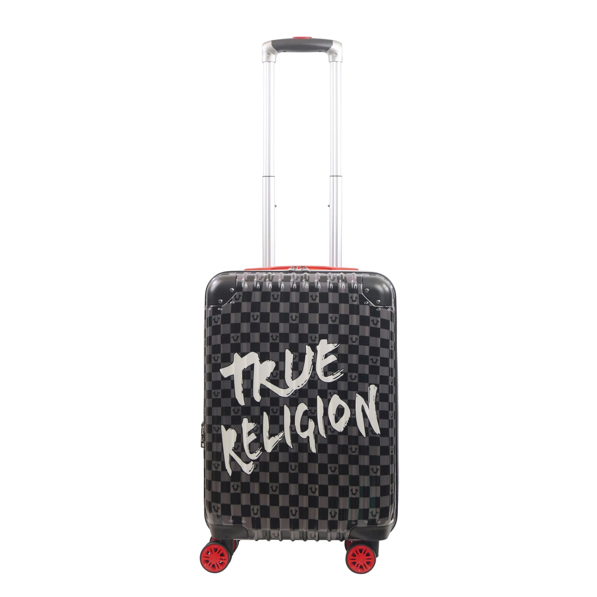 True Religion 22.5" Hardcase Checkered carry-on with big logo.
