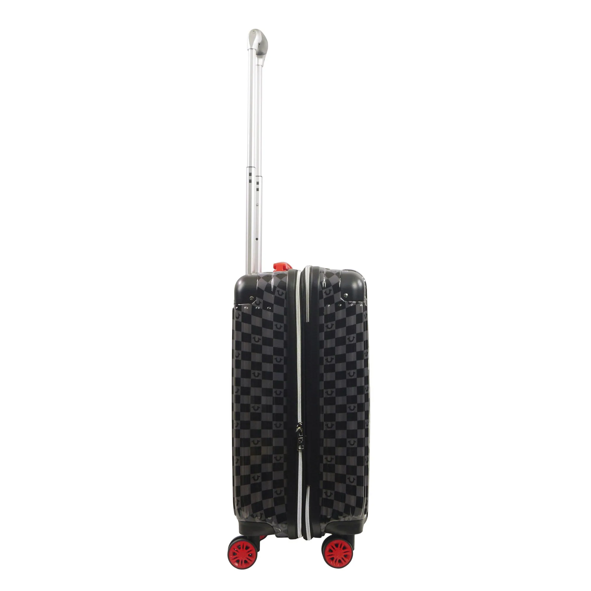 True Religion 22.5" Hardcase Checkered carry-on with big logo.