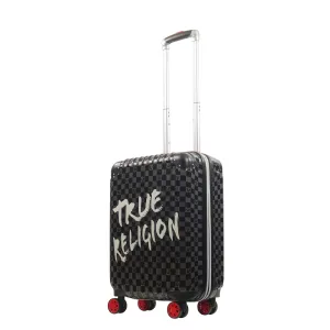 True Religion 22.5" Hardcase Checkered carry-on with big logo.